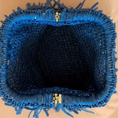Handmade raffia bag with fringes, blue