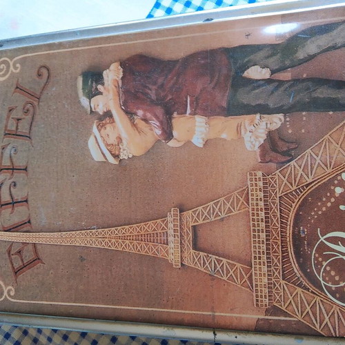 Vintage metal biscuit tin Eiffel Tower French 19.5cm x 13cm like new