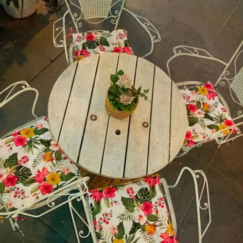 Wrought iron chairs set with round wooden table, vintage