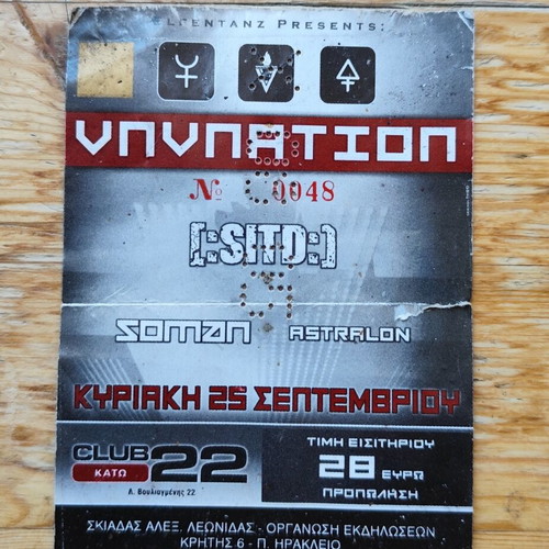 VNV Nation Concert Ticket used, 22/9/2005 with SITD, Soman, Astralon