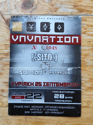 VNV Nation Concert Ticket used, 22/9/2005 with SITD, Soman, Astralon