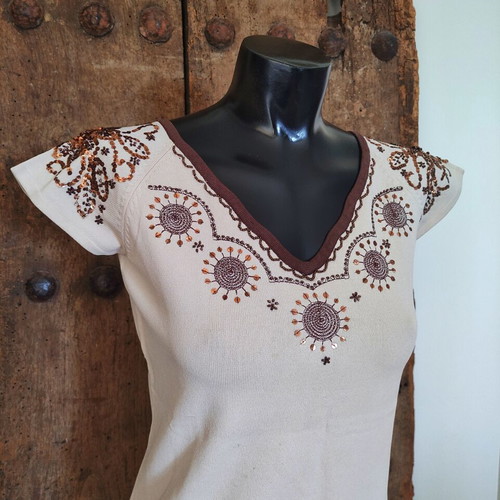 Vintage Y2K knit top with sequin and beaded ethnic embroidery, used