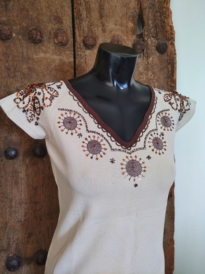 Vintage Y2K knit top with sequin and beaded ethnic embroidery, used