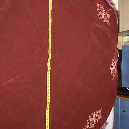 Velvet round tablecloth vintage 1.50m, burgundy with embroidery