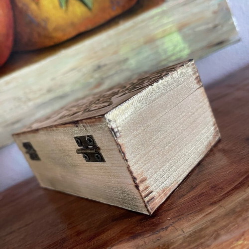 Wooden box with pyrography and gold dust, new