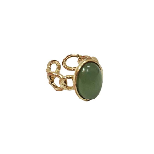 Vintage style ring with natural jade, new, gold plated metal