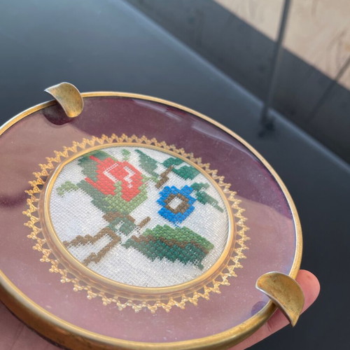 Vintage metal ashtrays with handmade embroidery, used, set of 2