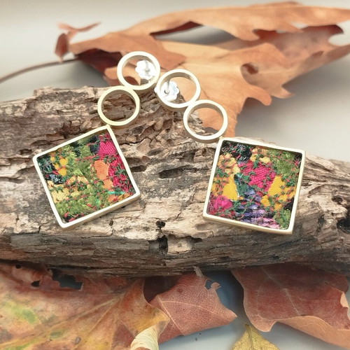 Handmade bronze earrings with fabric, silver posts