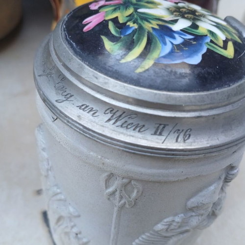 Antique German Westerwald Salt-Glazed Stoneware Beer Stein with Pewter Lid used