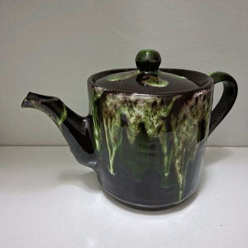 Vintage Vallauris ceramic tea set 1960s like new, brown-green lava glaze