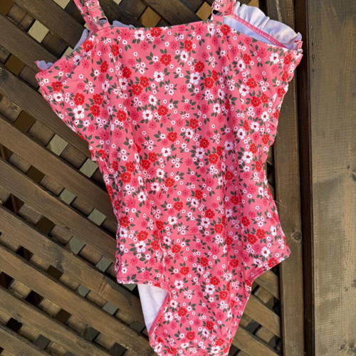 Floral swimsuit used, pink with white and red flowers, size XL