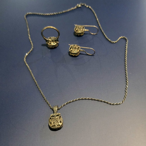 Jewelry set with semi-precious stone, like new, ring size 54
