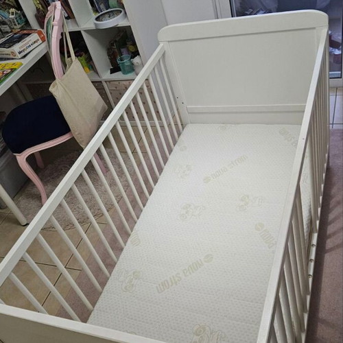 Baby cot with latex mattress used, white, wooden