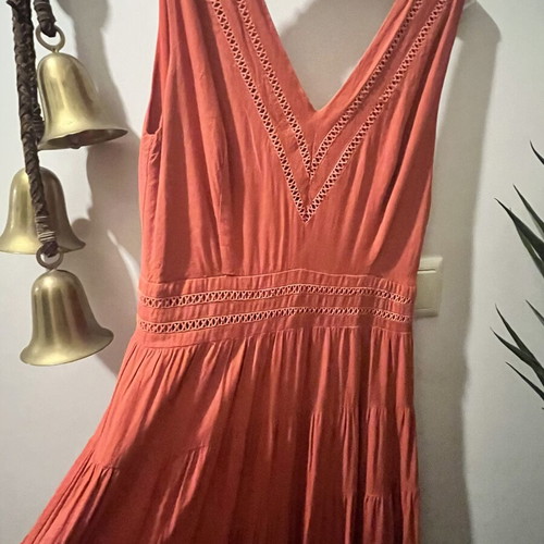 See U Soon terracotta long dress, V-neck with lace details