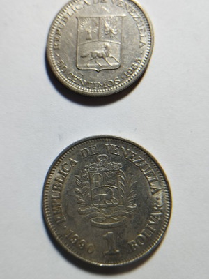 Venezuelan coins used, 50 Centimos 1965 & 1 Bolivar 1990