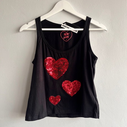 New Look black tank top with sequins and hearts, new with tag