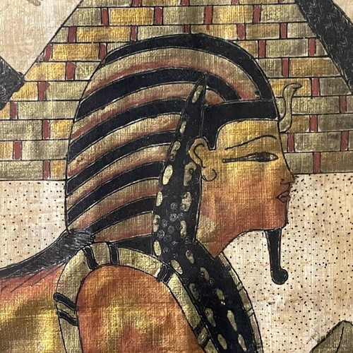 Handmade painting on Egyptian papyrus with frame used
