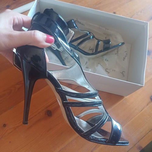 Mourtzi Black Patent Leather Evening Sandals Size 38