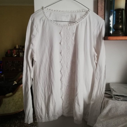 White long-sleeve blouse with lace, like new, XL, 100% cotton