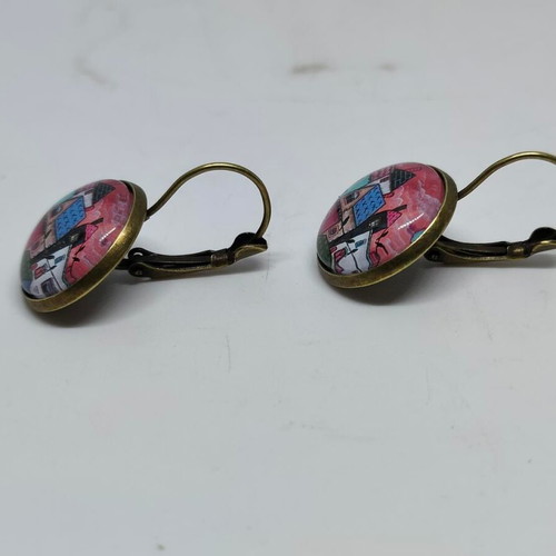 Handmade earrings with painted landscape, like new