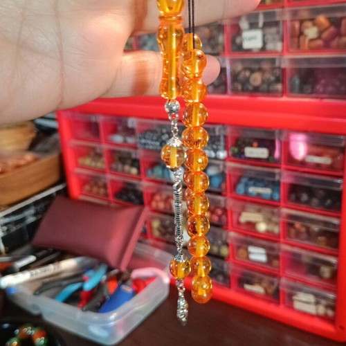 Worry beads handmade from bakelite with amber color and silver finish, new