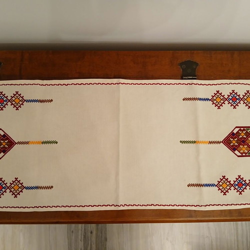 Handmade embroidered table runner with traditional Cretan design like new