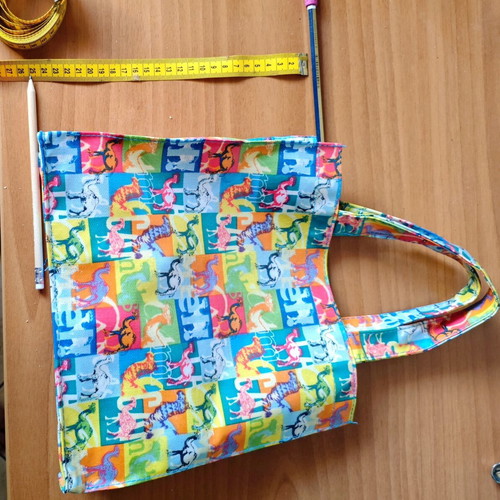 Camel Tote Bag used, handmade cotton-pvc with colorful design
