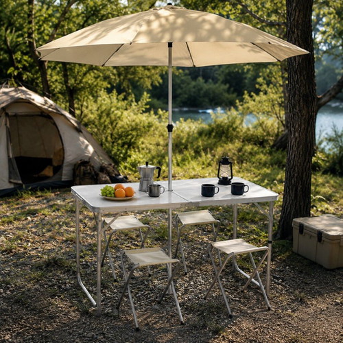 Folding table with 4 chairs and umbrella hole, new, white