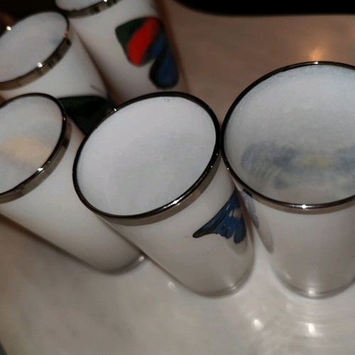 Vintage opaline glasses (5) with butterfly motifs and silver rim refurbished