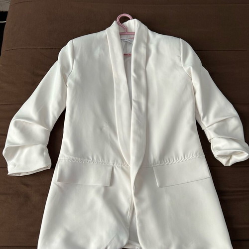 White blazer size S used with shoulder pads and ruched sleeves