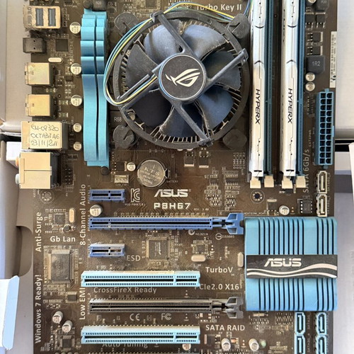 Asus P8H67 motherboards with Intel i5-2500 processors and 16GB DDR3 HyperX RAM used