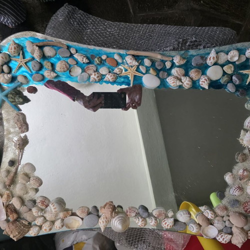 Mirror decorated with shells, pebbles, sand like new handmade