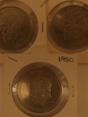 Uncirculated 50 Drachma Coins 1980, 1982, 1984 with Solon MS 65, pack of 3
