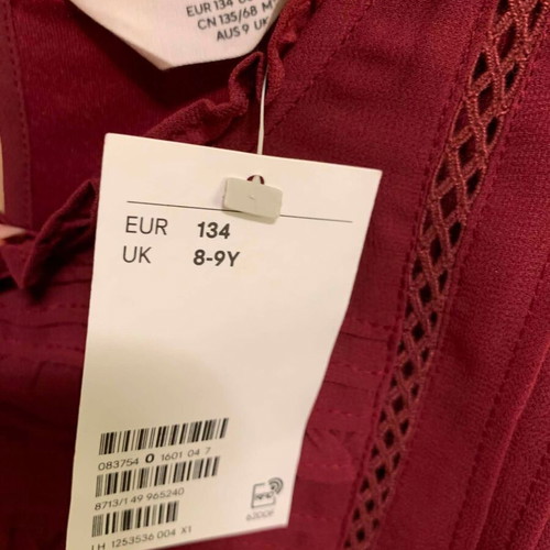 H&M Burgundy Chiffon Blouse New, Size 134 for Girls 8-9 Years