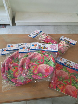 Party supplies new, pack of 12 large plates 23cm, 12 small plates 18cm, 12 cups, 20 flamingo napkins