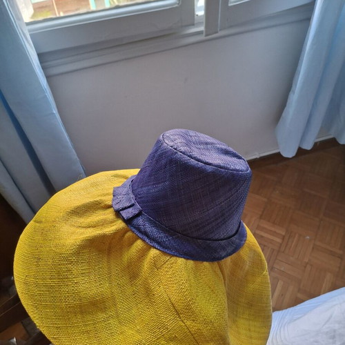 Handmade Raffia Hat Madagascar with Wide Brim new, blue and yellow