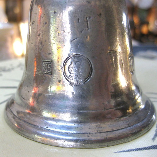 Pewter hand bell used, height 14 cm, diameter 6.8 cm