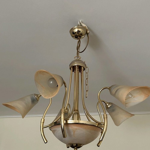 Ceiling chandelier used with handmade glass and bronze