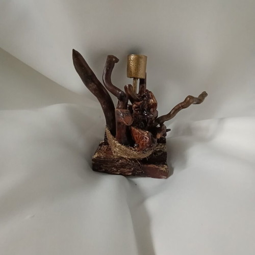 Handcrafted Driftwood Art Candle Holder with Gold Accents