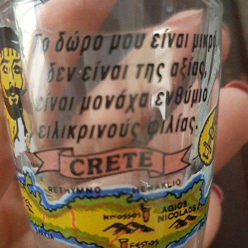 Souvenir shot glass new from Crete with mantinada about friendship