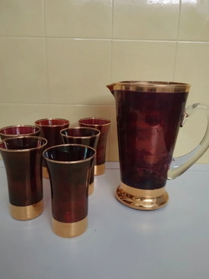 Antique pitcher set with 6 glasses, dark burgundy with gold leaf