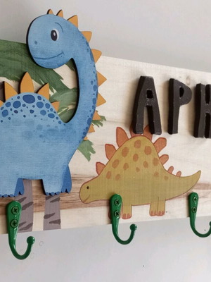 Children's wooden wall hanger with dinosaurs 40x14