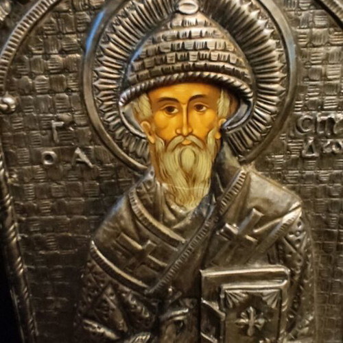 Silver religious icons 950 used, Axion Esti, Saint Demetrios, Saint Athanasios, Saint Spyridon