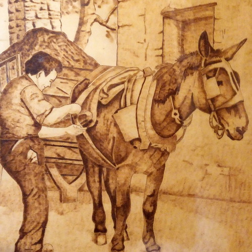 Stavlitis with Horse Pyrography Painting on Wood with Wooden Frame