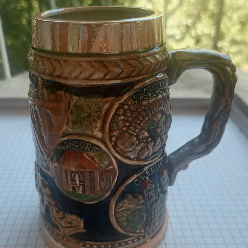 Vintage ceramic beer mug with embossed Luxembourg scenes, like new
