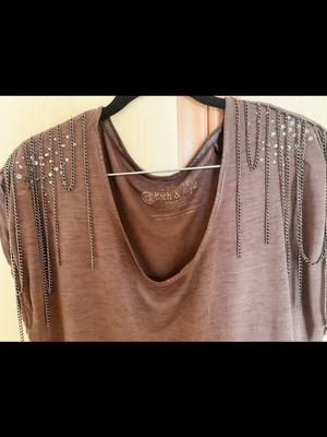 Rich & Royal blouse used with Swarovski on shoulders and back letters brown