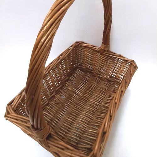 Vintage woven basket 1950s with high handle, natural wicker