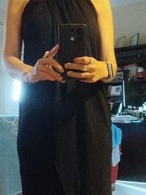 Midi black dress like new, one size small, asymmetric open back