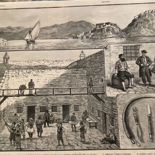 Woodcut 1890 Nafplio with Palamidi Prison used, 28x22cm
