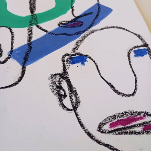 One line faces acrylic and oil pastel on A4 watercolor paper new
